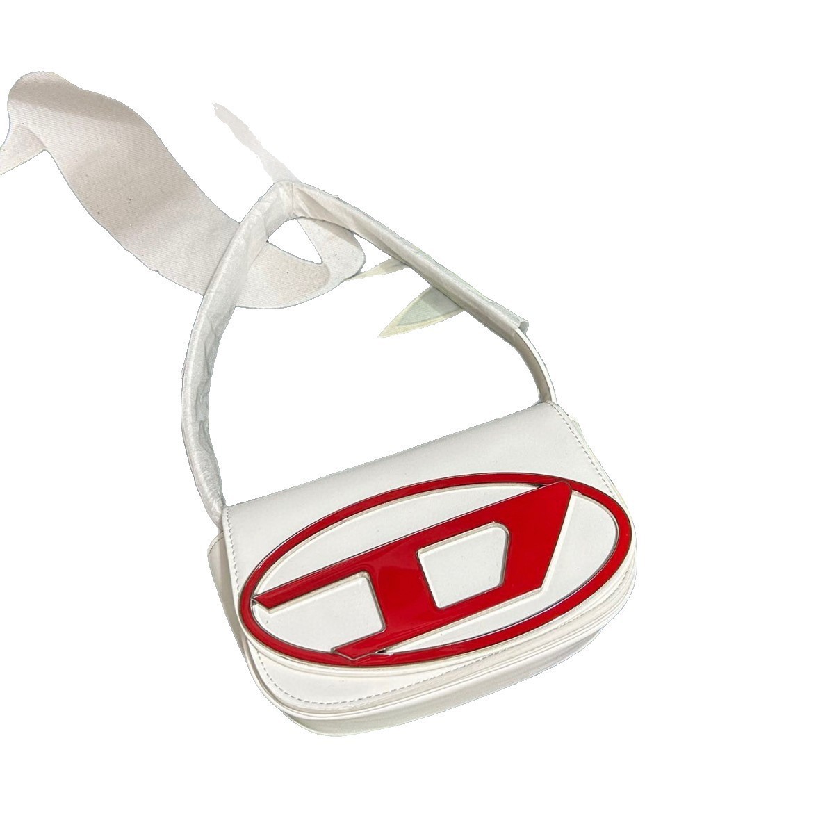 Women Bags Logo - กระเป๋าหนังสีขาวล้วนเรียบเนียนทรงมินิแบบสะพายไหล่ ฝาปิดโลโก้รูปวงรีสีแดงเงา กระเป๋าถือขนาดเล็กสไตล์ Y2K มินิมอล สำหรับผู้หญิง