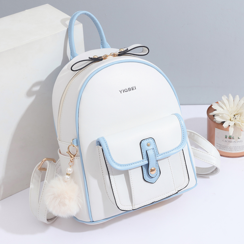 Women Bags Offers - กระเป๋าเป้สะพายหลังเนื้อสีทึบมีสไตล์สำหรับผู้หญิงเป้น้ำหนักเบาที่เข้าคู่กันของตกแต่งจี้ pompon ขนาดเล็กแบบเรียบง่าย