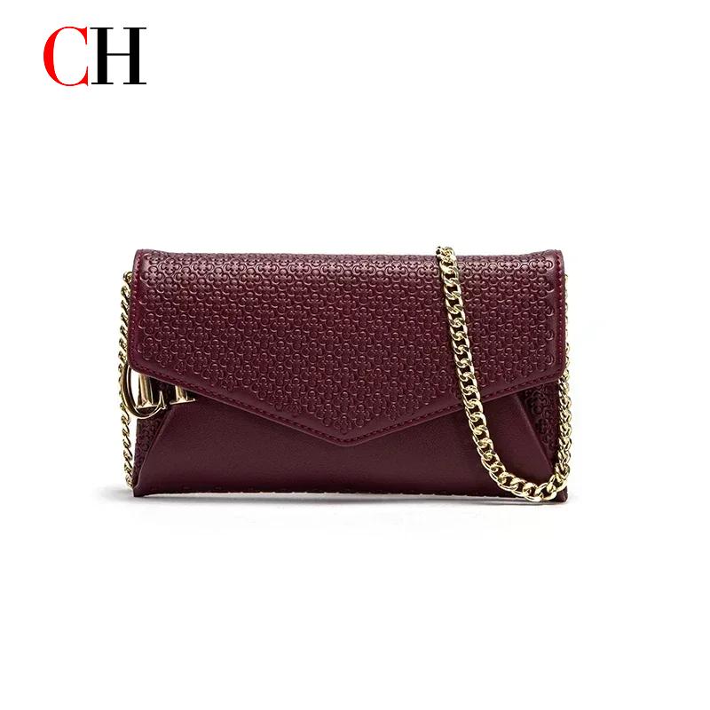 Women Bags Logo - กระเป๋าถือสะพายข้างผู้หญิง CH Fashion หนังเทียมลายเท็กซ์เจอร์ สายโซ่ทอง แต่งโลโก้