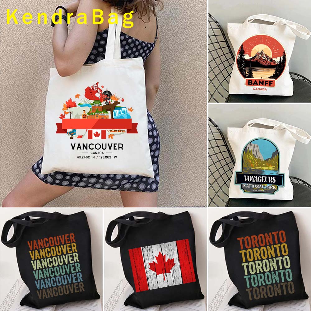 Women Bags Canada - สุขสันต์วันแคนาดาของขวัญท่องเที่ยวแคนาดามอนทรีออลแวนคูเวอร์เมืองโตรอนโตภูมิทัศน์ควิเบกสกายไลน์ผ้าแคนวาส Totes กระเป๋ากระเป๋าถือผ้าฝ้าย