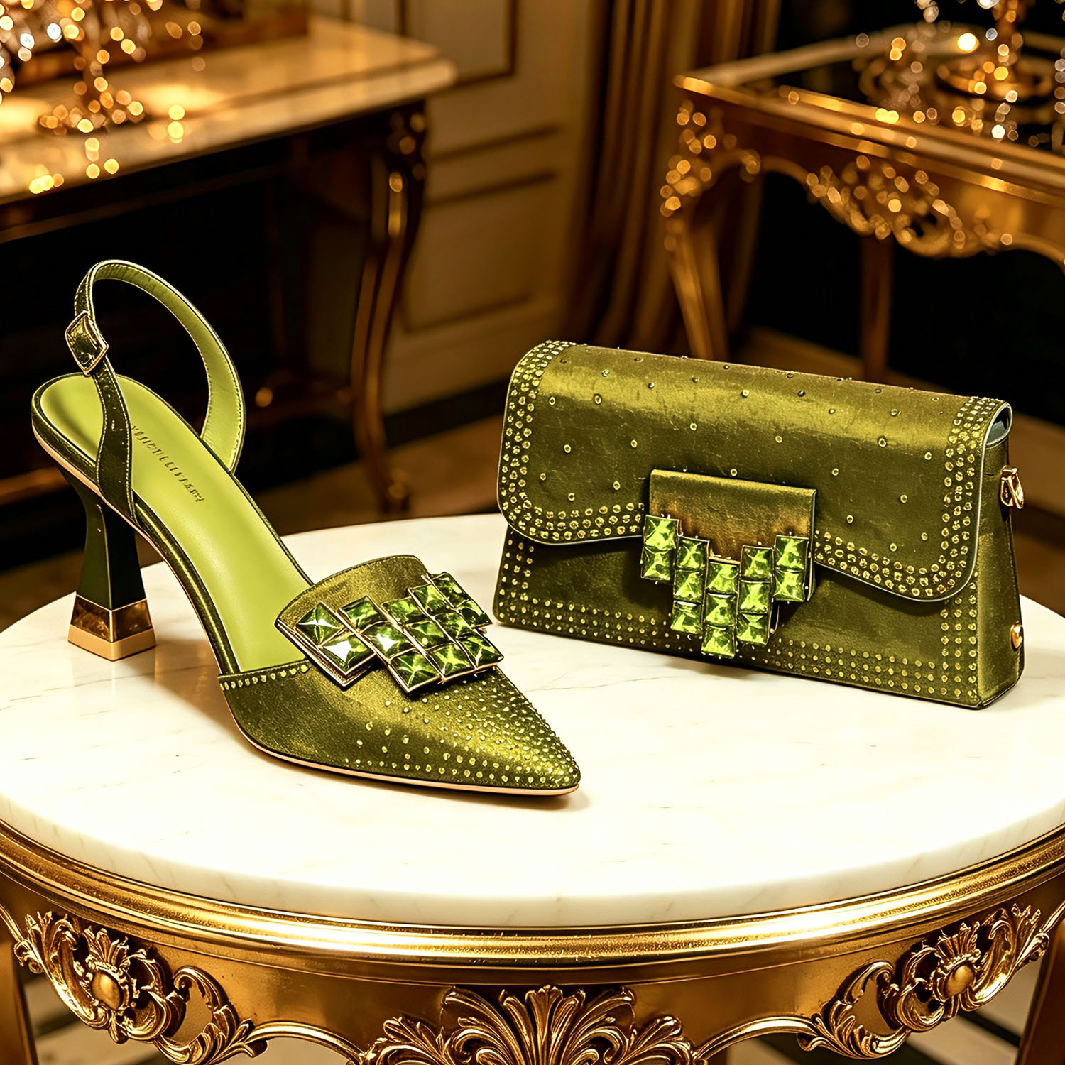 Women Bags For Wedding - 2026 INS รองเท้าส้นสูงผู้หญิงหัวแหลมประดับไรน์สโตนสีเขียวมะกอกดีไซน์อิตาลีพร้อมชุดกระเป๋าเข้าชุดสำหรับงานปาร์ตี้และงานแต่งงาน