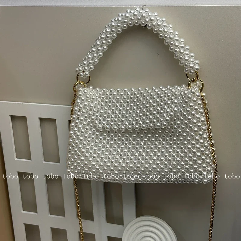 Women Bags Golden - กระเป๋าสตางค์ลูกปัดไข่มุกพิเศษ INS สำหรับผู้หญิงกระเป๋าสะพายข้างสายโซ่สีทองด้านในงดงามแบบย้อนยุค